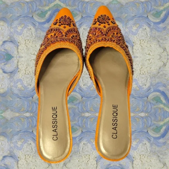 Classique Orange Hand Beaded Kitten Heel Mules Size 7W - Picture 4 of 11